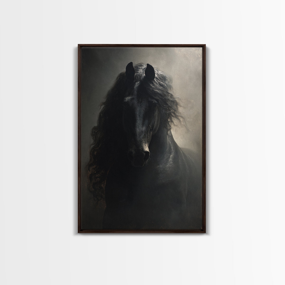 Black Horse with Flowing Mane in Fog Framed Canvas Print, Gothic Art, Art Nouveau, Living Room Decor, Fine Art, Gothic, GOT-2x3-97