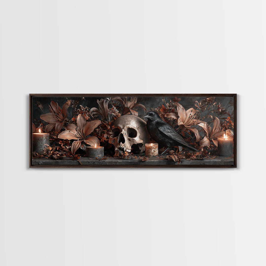 Skull Surrounded by Lilies and Candles Canvas Print, Gothic Art, Gothic Wall Art, Living Room Decor, Fine Art, Gothic, GOT-3x1-21