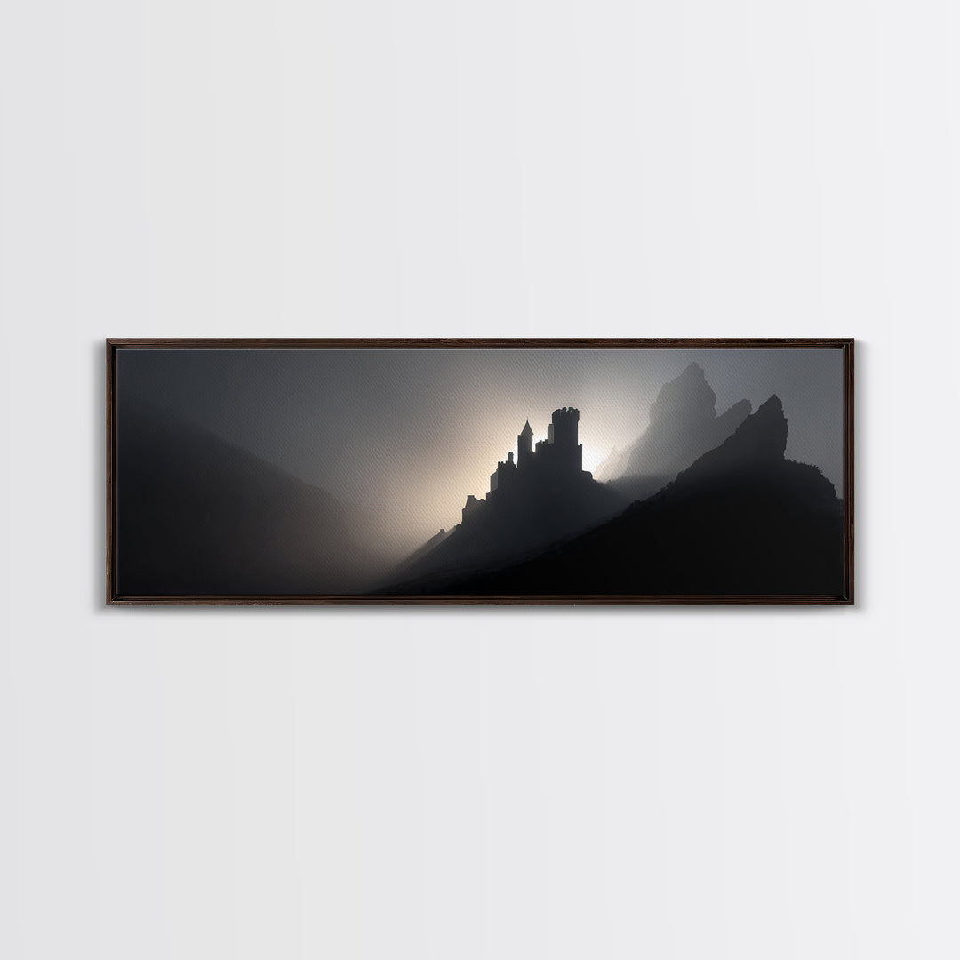 Stormy Castle Silhouette on Jagged Cliffs Canvas Print, Gothic Art, Boho Decor, Living Room Decor, Abstract Art, Gothic, GOT-3x1-22