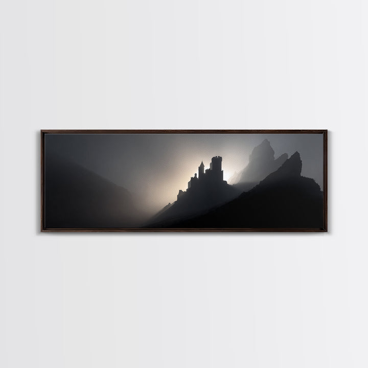 Stormy Castle Silhouette on Jagged Cliffs Canvas Print, Gothic Art, Boho Decor, Living Room Decor, Abstract Art, Gothic, GOT-3x1-22