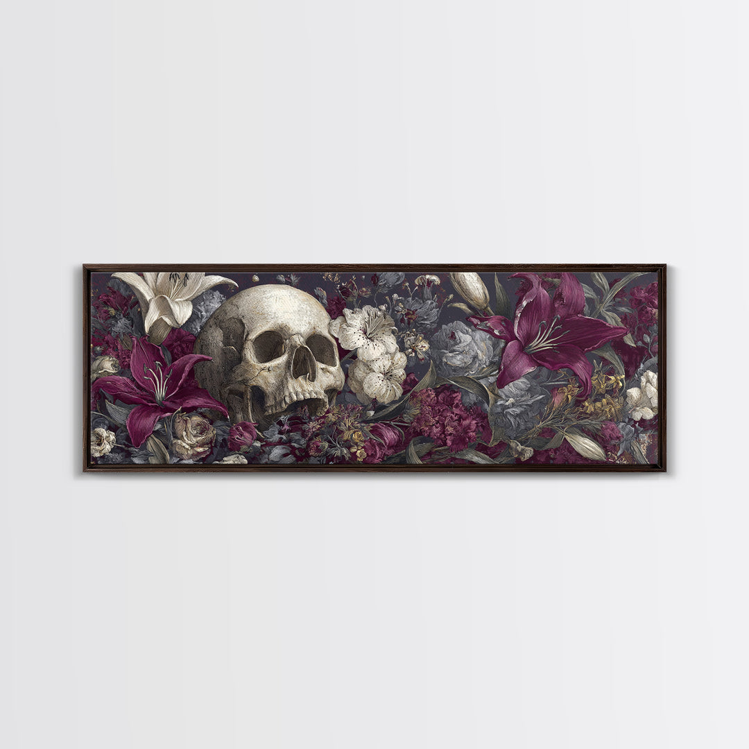 Skull Surrounded by Lilies and Candles Canvas Print, Gothic Art, Gothic Wall Art, Living Room Decor, Fine Art, Gothic, GOT-3x1-45