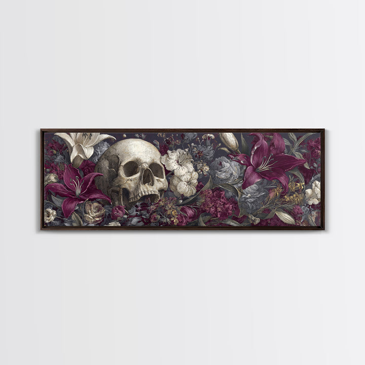 Skull Surrounded by Lilies and Candles Canvas Print, Gothic Art, Gothic Wall Art, Living Room Decor, Fine Art, Gothic, GOT-3x1-45
