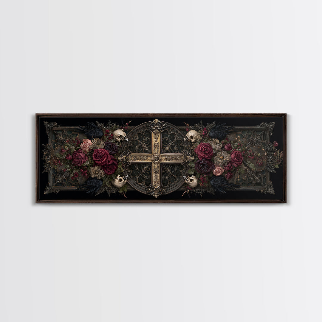 Ornate Cross and Roses Dramatic Still Life Framed Canvas Print, Gothic Art, Halloween Decor, Living Room Decor, Gothic, GOT-3x1-84