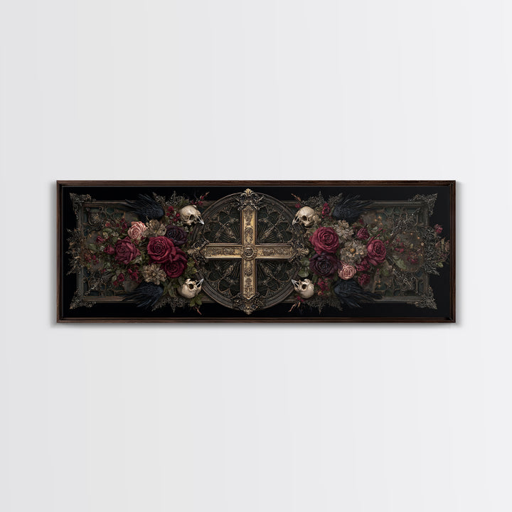 Ornate Cross and Roses Dramatic Still Life Framed Canvas Print, Gothic Art, Halloween Decor, Living Room Decor, Gothic, GOT-3x1-84