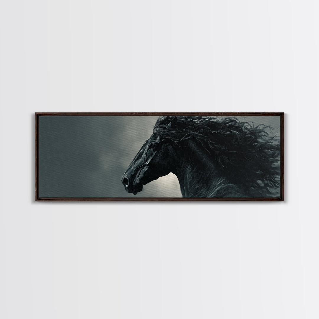 Black Horse with Flowing Mane in Fog Framed Canvas Print, Gothic Art, Gothic Decor, Living Room Decor, Fine Art, Gothic, GOT-3x1-9
