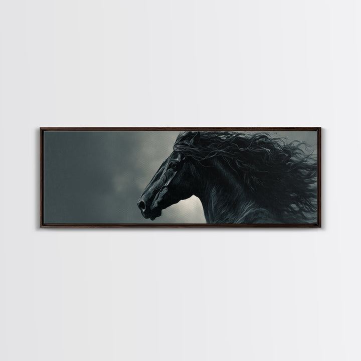 Black Horse with Flowing Mane in Fog Framed Canvas Print, Gothic Art, Gothic Decor, Living Room Decor, Fine Art, Gothic, GOT-3x1-9