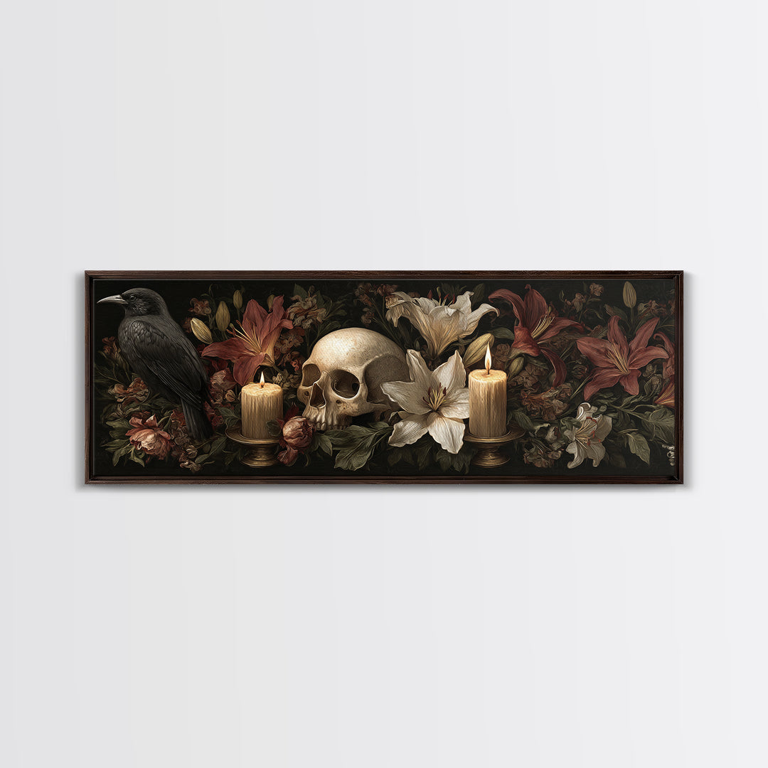 Skull Surrounded by Lilies and Candles Canvas Print, Gothic Art, Witchy Home Decor, Living Room Decor, Fine Art, Gothic, GOT-3x1-93