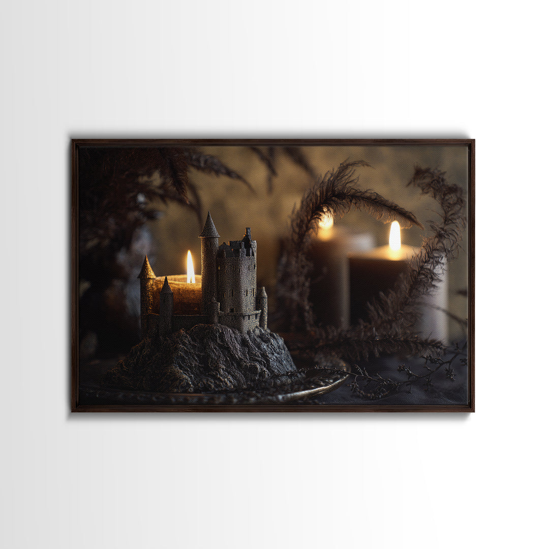 Stormy Castle Silhouette on Jagged Cliffs Framed Canvas Print, Gothic Art, Art Nouveau, Living Room Decor, Fine Art, Gothic, GOT-3x2-10