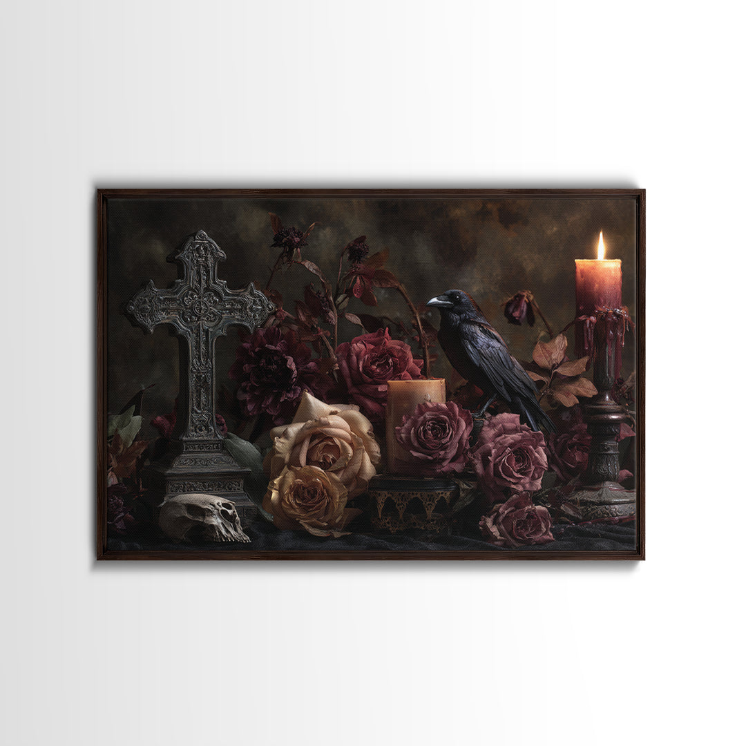 Ornate Cross and Roses Dramatic Still Life Framed Canvas Print, Gothic Art, Printable Art, Living Room Decor, Fine Art, Gothic, GOT-3x2-24