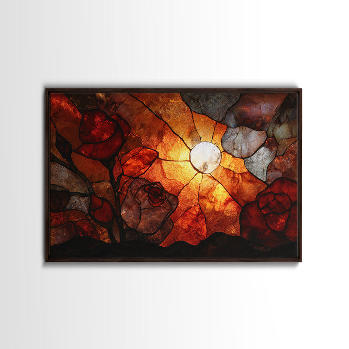 Cracked Mirror Reflecting Moon and Roses Framed Canvas Print, Gothic Art, Moody Wall Art, Living Room Decor, Fine Art, Gothic, GOT-3x2-27