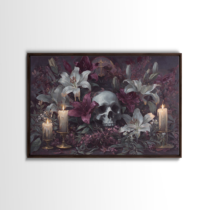 Skull Surrounded by Lilies and Candles Canvas Print, Gothic Art, Halloween Art, Living Room Decor, Gothic, Neutral Decor, GOT-3x2-33
