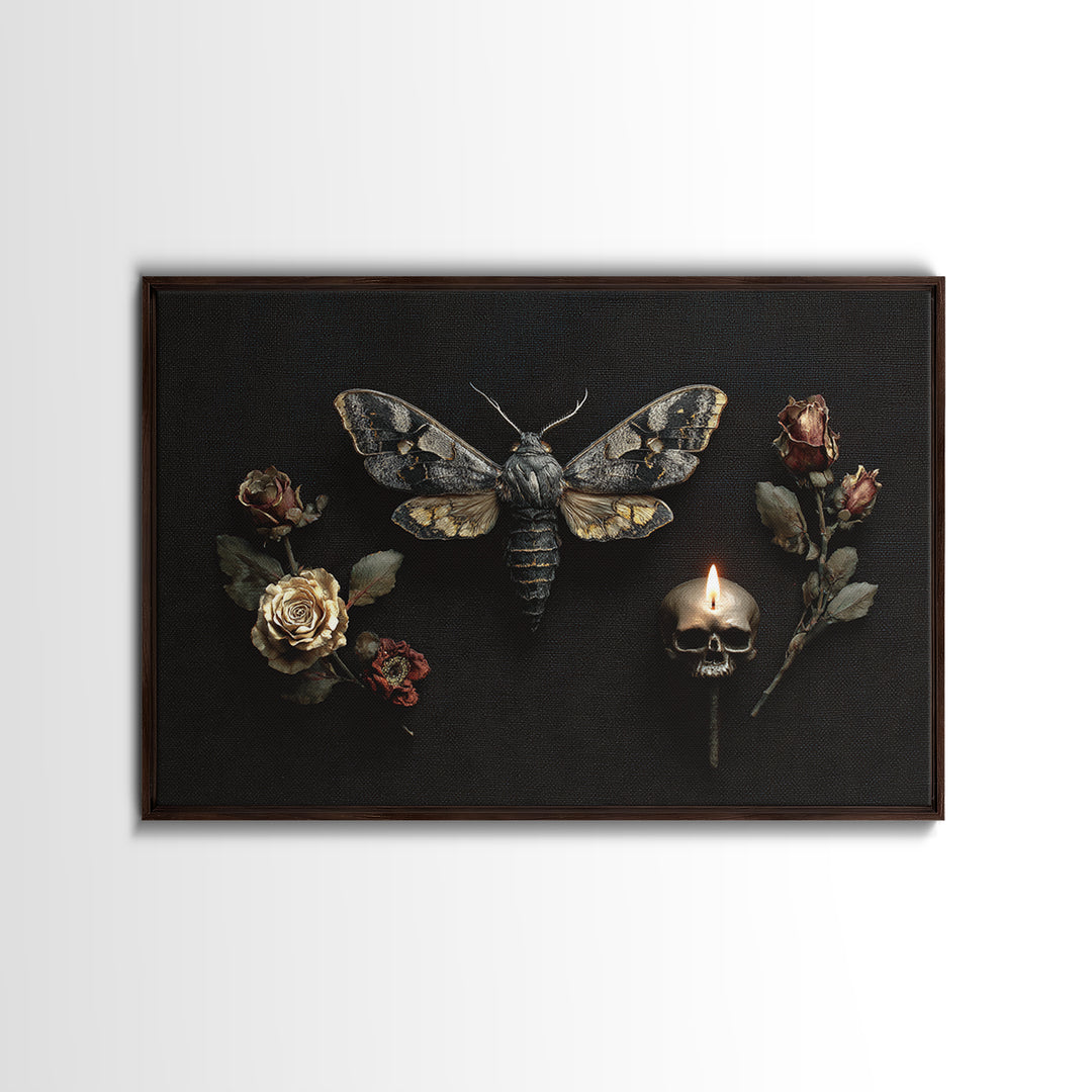 Moth and Skull Composition on Black Velvet Canvas Print, Gothic Art, Black and White Art, Living Room Decor, Abstract Art, GOT-3x2-43