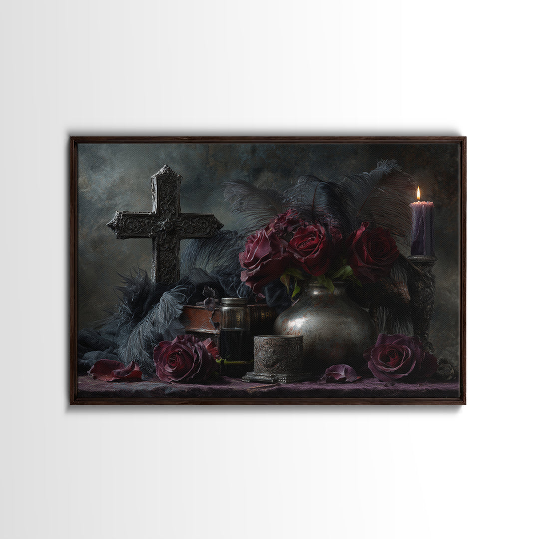 Ornate Cross and Roses Dramatic Still Life Canvas Print, Gothic Art, Living Room Decor, Fine Art, Gothic, Modern Decor, GOT-3x2-48