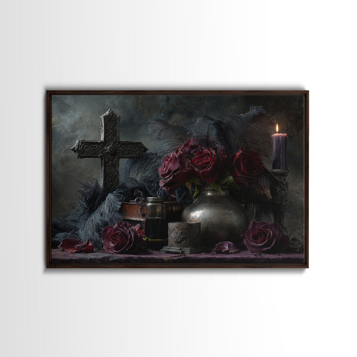 Ornate Cross and Roses Dramatic Still Life Canvas Print, Gothic Art, Living Room Decor, Fine Art, Gothic, Modern Decor, GOT-3x2-48