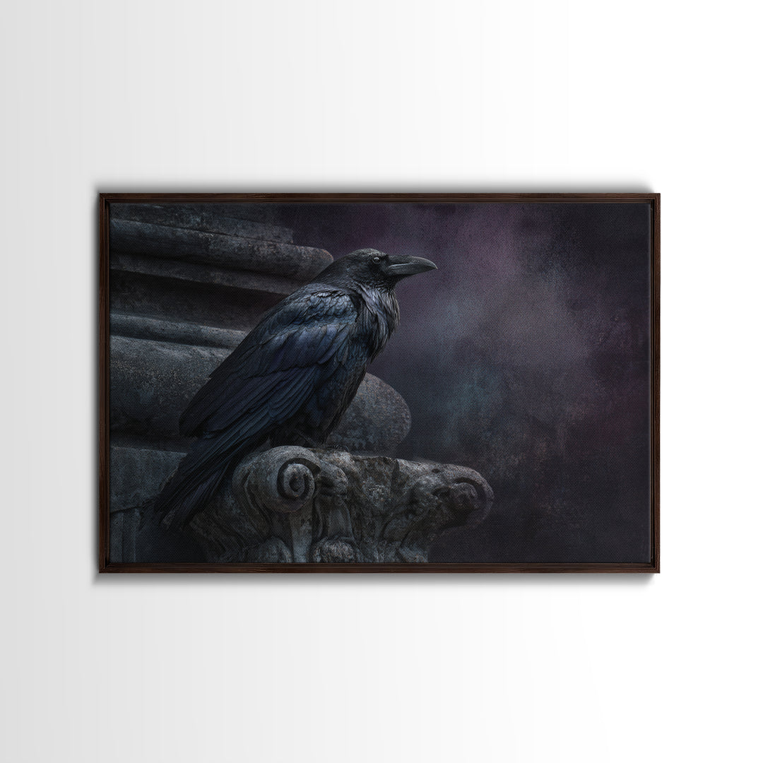 Raven on a Cathedral Gargoyle Framed Canvas Print, Gothic Art, Moody Wall Art, Living Room Decor, Fine Art, Gothic, Wall Decor, GOT-3x2-5