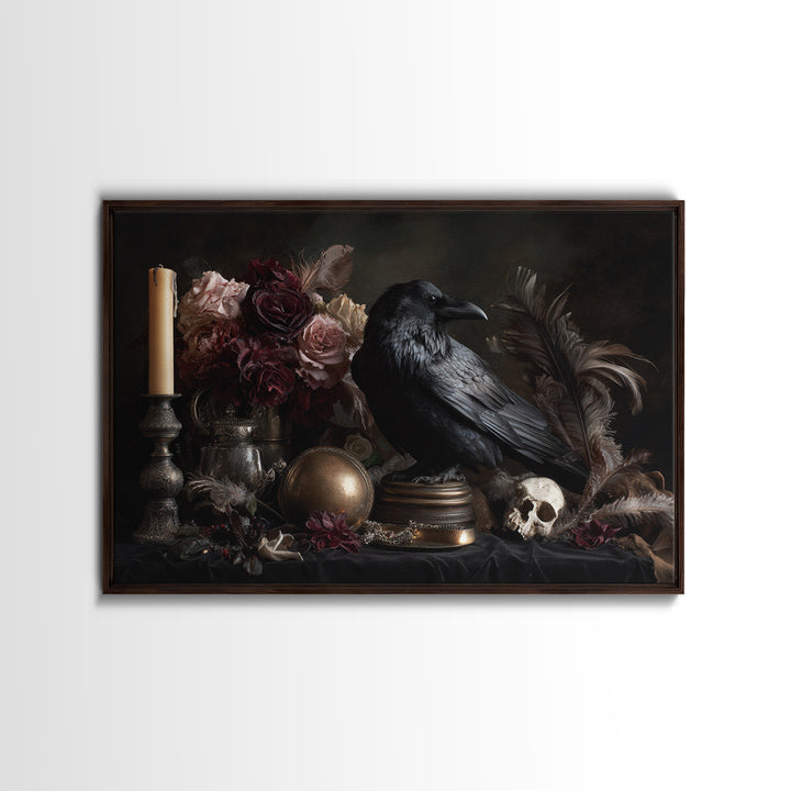 Raven Feathers Arranged Like a Halo Framed Canvas Print, Gothic Art, Printable Art, Living Room Decor, Oil Painting, Gothic, GOT-3x2-50