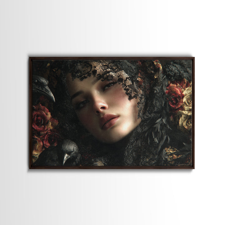 Melancholy Woman Portrait Canvas Print, Gothic Art, Black and White Art, Living Room Decor, Oil Painting, Gothic, GOT-3x2-56
