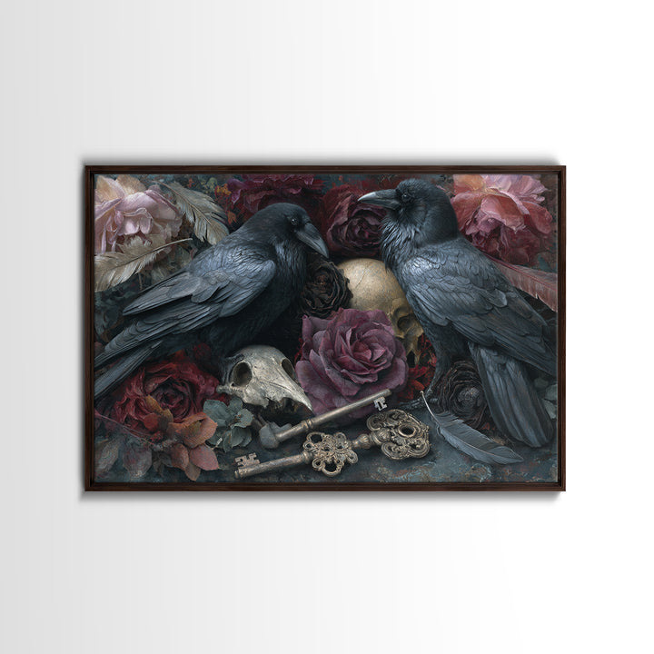 Crow Feathers and Antique Key Still Life Framed Canvas Print, Gothic Art, Gallery Decor, Living Room Decor, Abstract Art, GOT-3x2-64