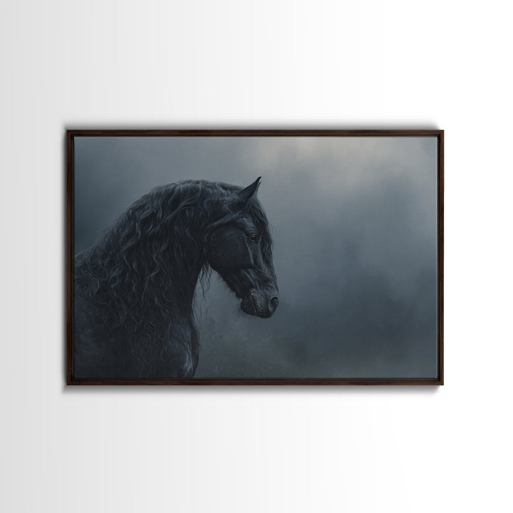 Black Horse with Flowing Mane in Fog Framed Canvas Print, Gothic Art, Gothic Wallpaper, Living Room Decor, Fine Art, Gothic, GOT-3x2-69