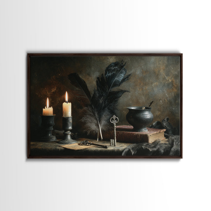 Crow Feathers and Antique Key Still Life Canvas Print, Gothic Art, Boho Decor, Living Room Decor, Fine Art, Gothic, Art Print, GOT-3x2-88