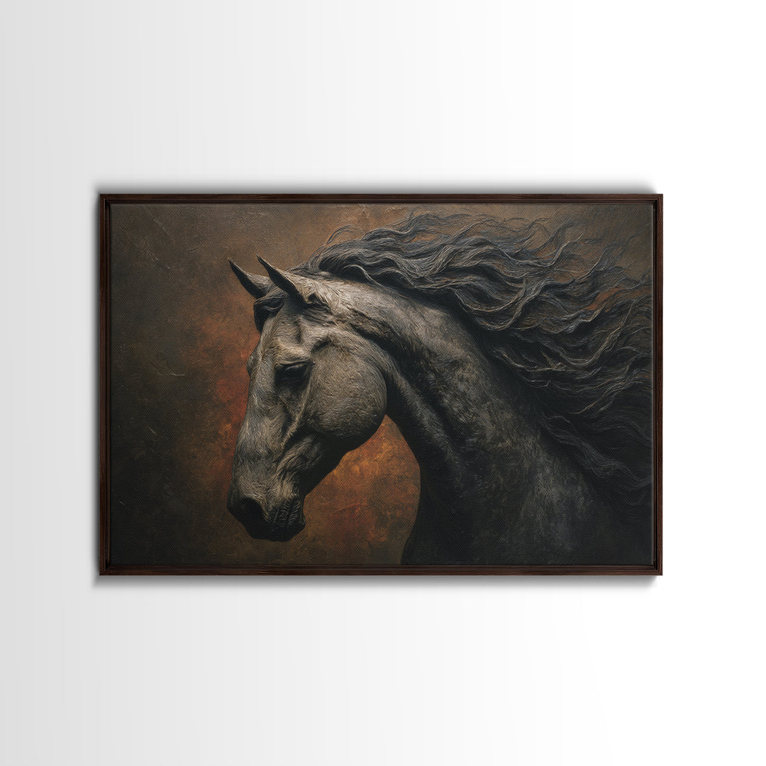 Black Horse with Flowing Mane in Fog Canvas Print, Gothic Art, Black and White Art, Living Room Decor, Fine Art, Gothic, GOT-3x2-93