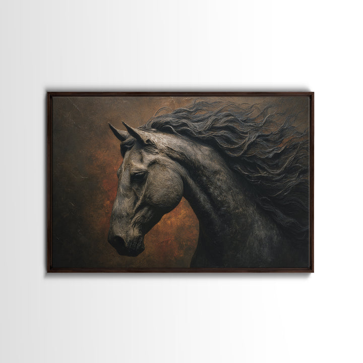 Black Horse with Flowing Mane in Fog Canvas Print, Gothic Art, Black and White Art, Living Room Decor, Fine Art, Gothic, GOT-3x2-93