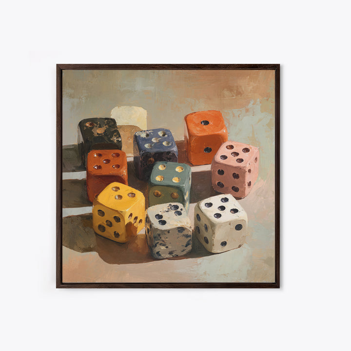 Tabletop Dice Rolling Through Dramatic Light Framed Canvas Print, Game Room Art, Gallery Decor, Game Room Decor, Fine Art, Play, GRA-1x1-41