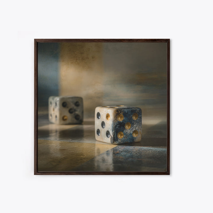 Tabletop Dice Rolling Through Dramatic Light Framed Canvas Print, Game Room Art, Gallery Decor, Game Room Decor, Fine Art, Play, GRA-1x1-65