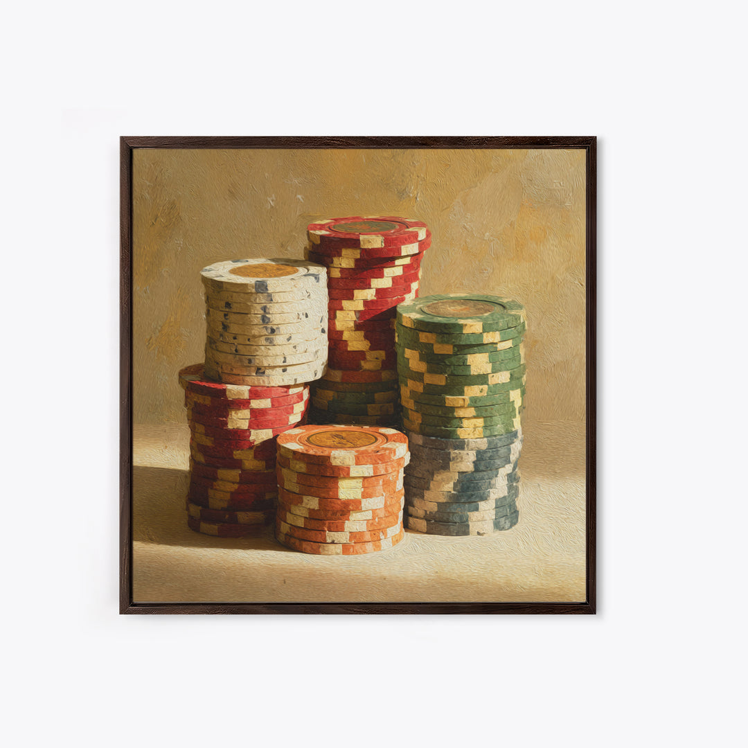 Poker Chips Stacked Like Casino Still Life Framed Canvas Print, Game Room Art, Modern Wall Art, Game Room Decor, Fine Art, Play, GRA-1x1-7