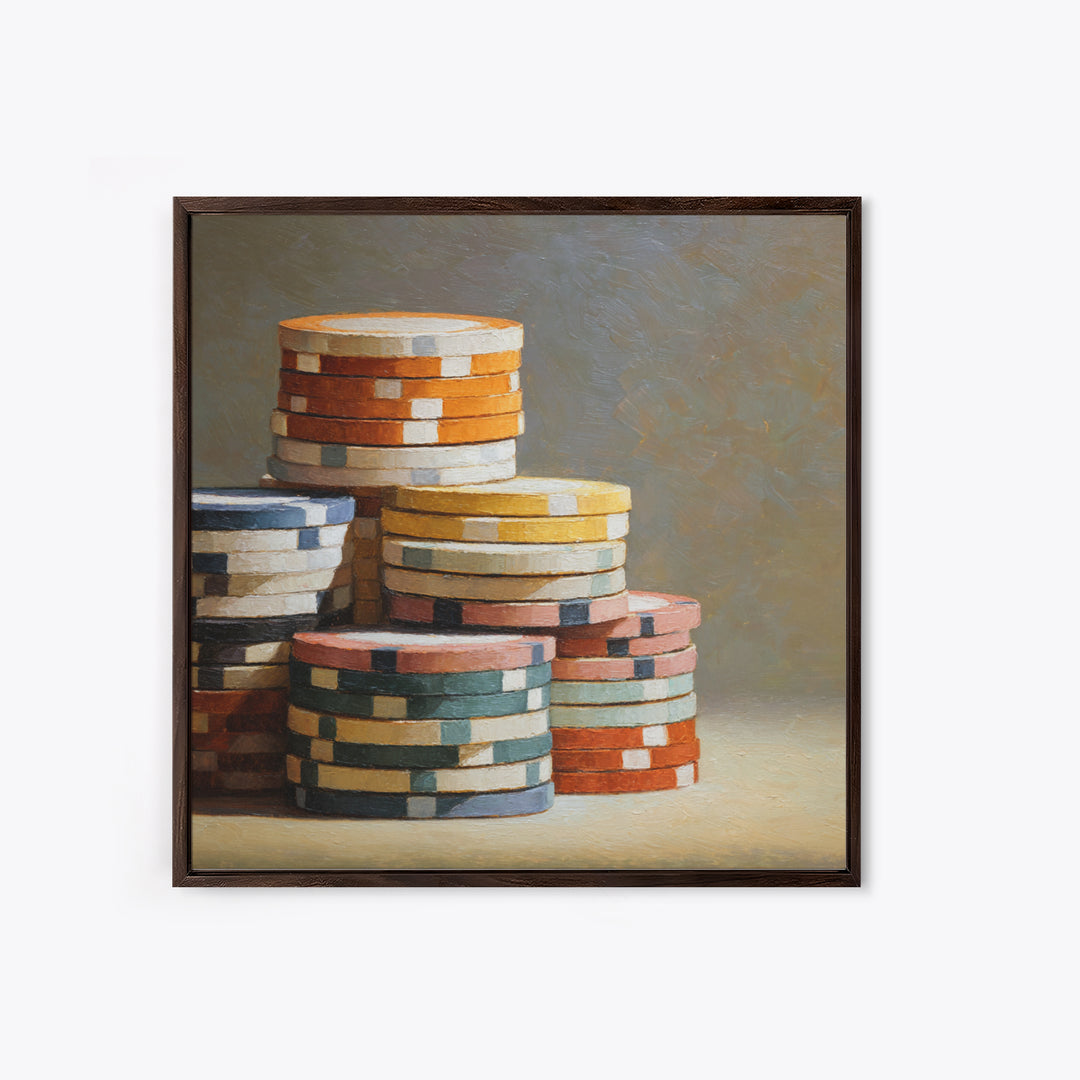 Poker Chips Stacked Like Casino Still Life Framed Canvas Print, Game Room Art, Fine Art Print, Game Room Decor, Oil Painting, GRA-1x1-79
