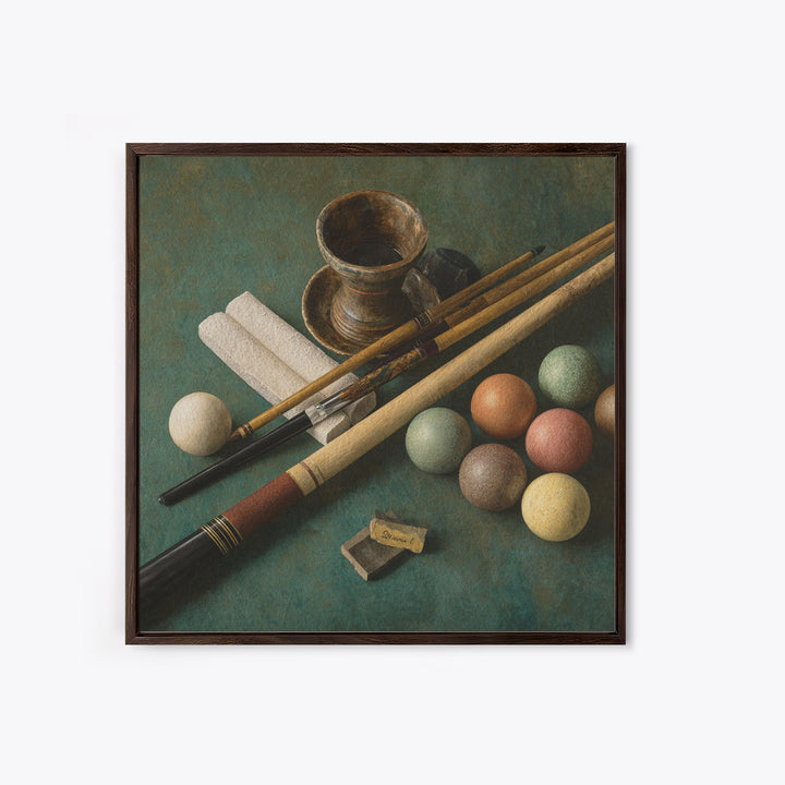 Pool Cue and Chalk on Green Felt Canvas Print, Game Room Art, Neutral Decor, Game Room Decor, Oil Painting, Play, Wall Art, GRA-1x1-82