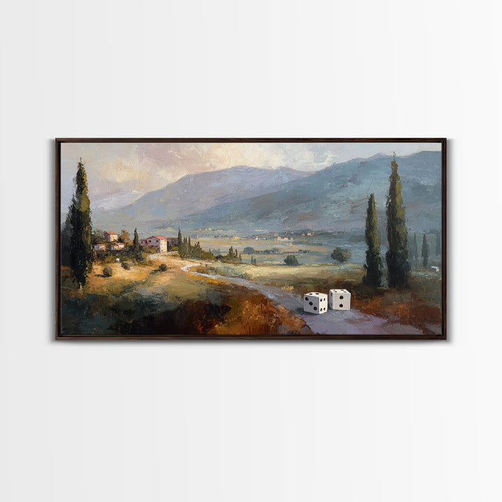Tabletop Dice Rolling Through Dramatic Light Framed Canvas Print, Game Room Art, Minimalist Decor, Game Room Decor, Play, GRA-2x1-13