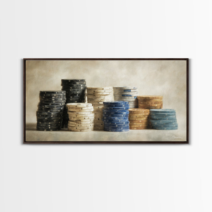 Poker Chips Stacked Like Casino Still Life Framed Canvas Print, Game Room Art, Modern Wall Art, Game Room Decor, Fine Art, Play, GRA-2x1-3