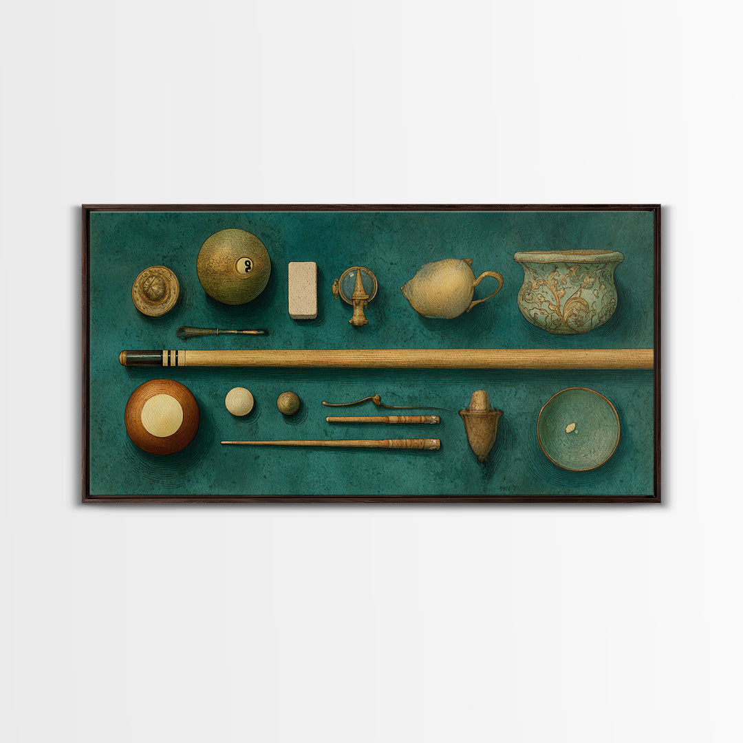 Pool Cue and Chalk on Green Felt Framed Canvas Print, Game Room Art, Luxury Decor, Game Room Decor, Play, Canvas Wall Art, GRA-2x1-30