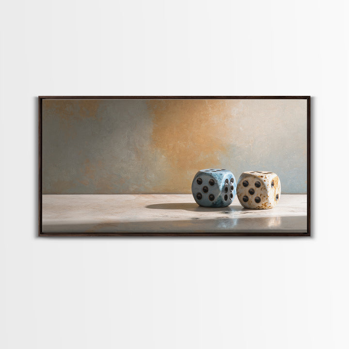 Tabletop Dice Rolling Through Dramatic Light Framed Canvas Print, Game Room Art, Minimalist Decor, Game Room Decor, Play, GRA-2x1-37