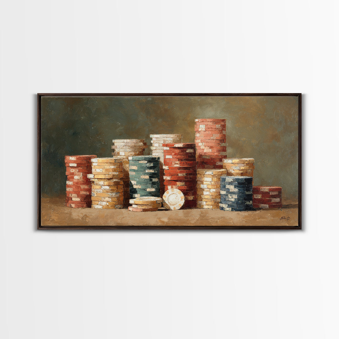Poker Chips Stacked Like Casino Still Life Framed Canvas Print, Game Room Art, Bedroom Wall Art, Game Room Decor, GRA-2x1-51