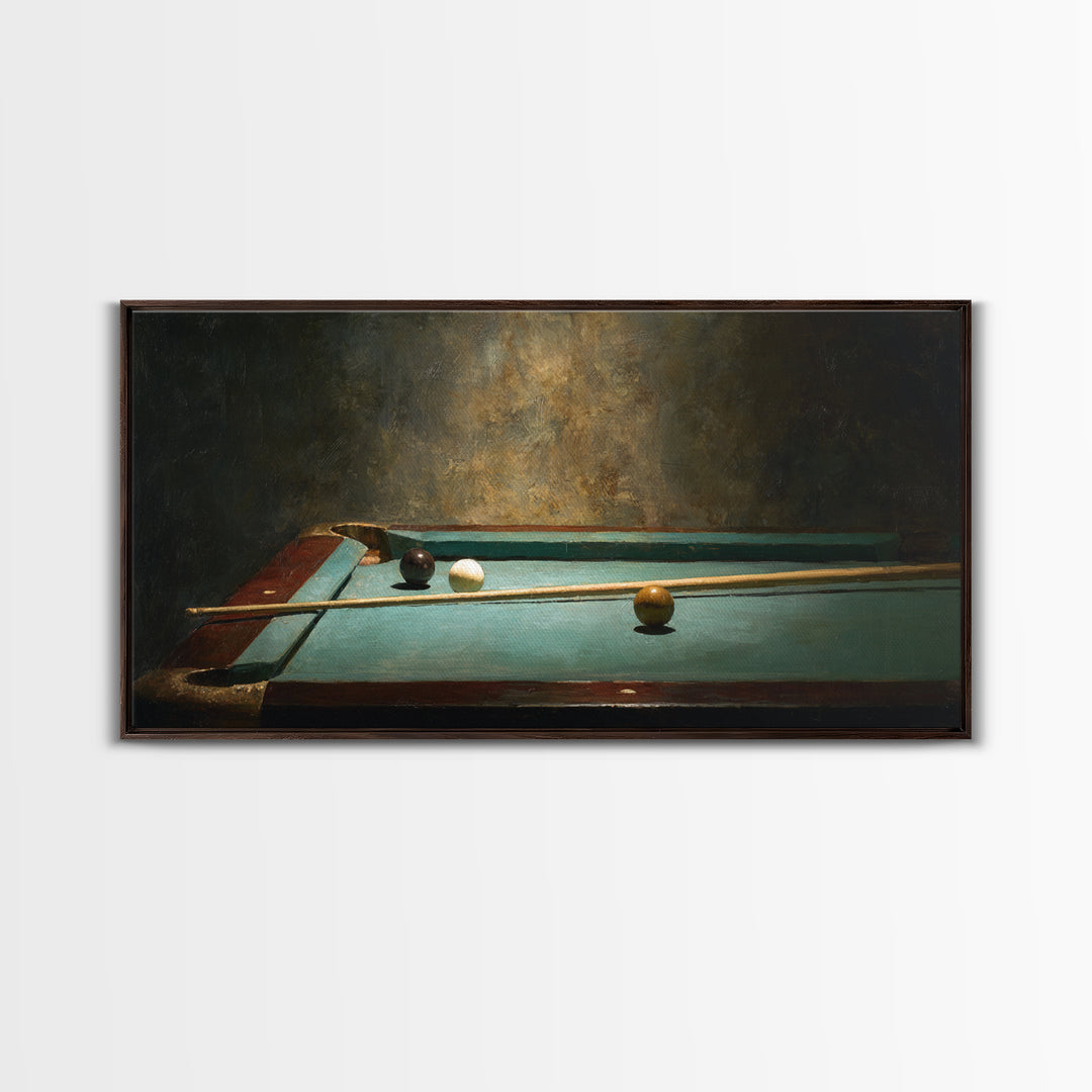 Pool Cue and Chalk on Green Felt Framed Canvas Print, Game Room Art, Luxury Decor, Game Room Decor, Play, Canvas Wall Art, GRA-2x1-6
