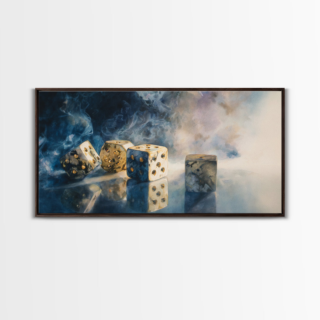 Tabletop Dice Rolling Through Dramatic Light Canvas Print, Game Room Art, Classroom Decor, Game Room Decor, Fine Art, Play, GRA-2x1-61