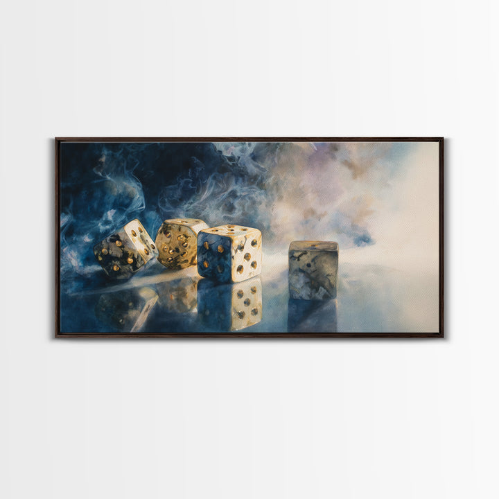 Tabletop Dice Rolling Through Dramatic Light Canvas Print, Game Room Art, Classroom Decor, Game Room Decor, Fine Art, Play, GRA-2x1-61