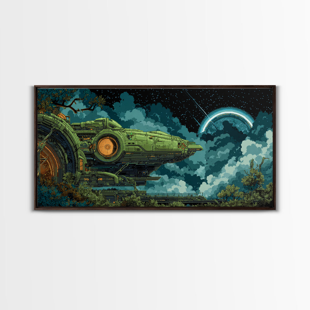 Arcade Spaceship Pixel Art Scene Canvas Print, Game Room Art, African American Art, Game Room Decor, Play, Kids Room Wall Art, GRA-2x1-63