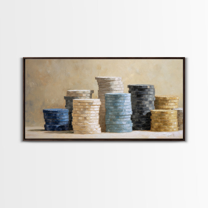 Poker Chips Stacked Like Casino Still Life Framed Canvas Print, Game Room Art, Boho Decor, Game Room Decor, Fine Art, Play, GRA-2x1-75