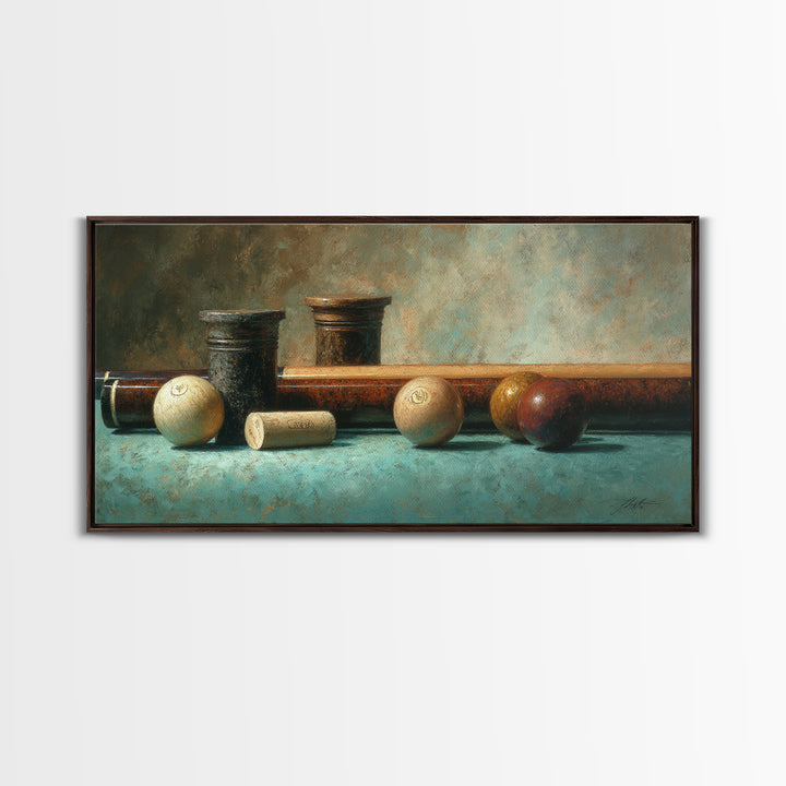 Pool Cue and Chalk on Green Felt Canvas Print, Game Room Art, Contemporary Art, Game Room Decor, Play, Bedroom Wall Art, GRA-2x1-78