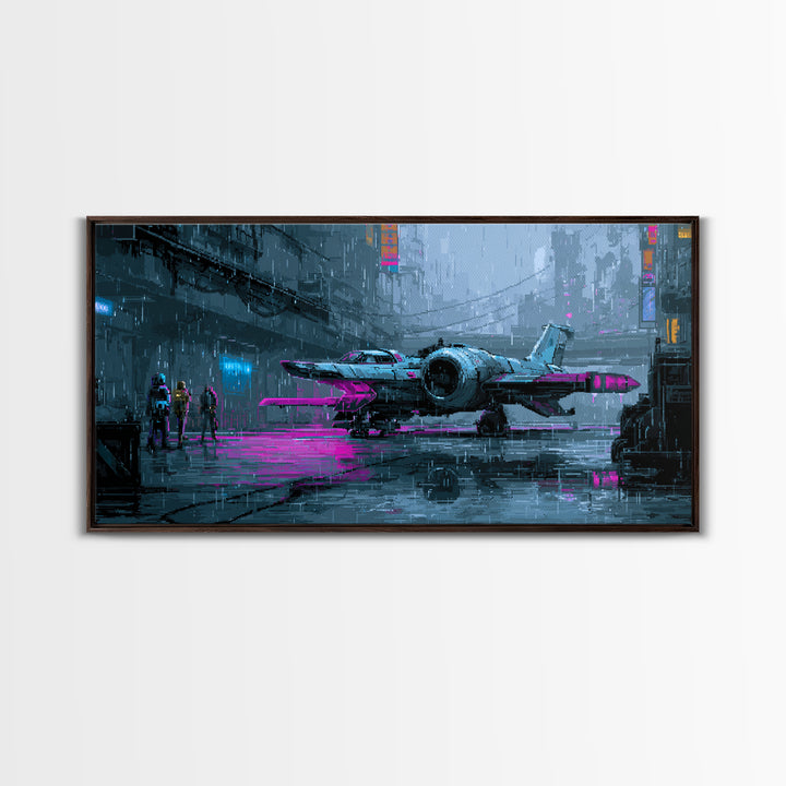 Arcade Spaceship Pixel Art Scene Framed Canvas Print, Game Room Art, Pop Art, Game Room Decor, Fine Art, Play, Fine Art Print, GRA-2x1-87