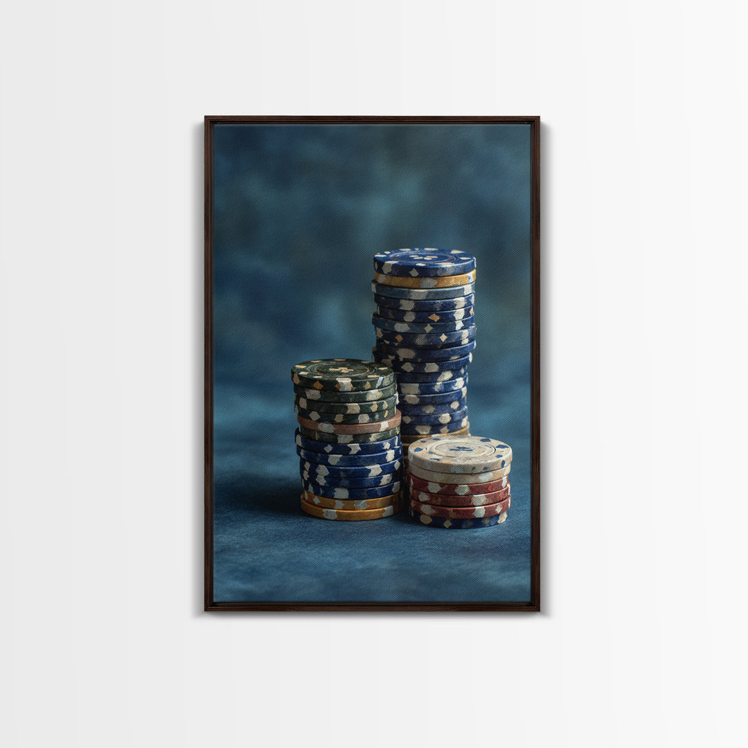 Poker Chips Stacked Like Casino Still Life Framed Canvas Print, Game Room Art, African American Art, Game Room Decor, Play, GRA-2x3-87