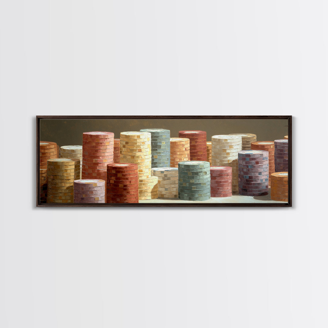 Poker Chips Stacked Like Casino Still Life Framed Canvas Print, Game Room Art, Boho Decor, Game Room Decor, Fine Art, Play, GRA-3x1-23