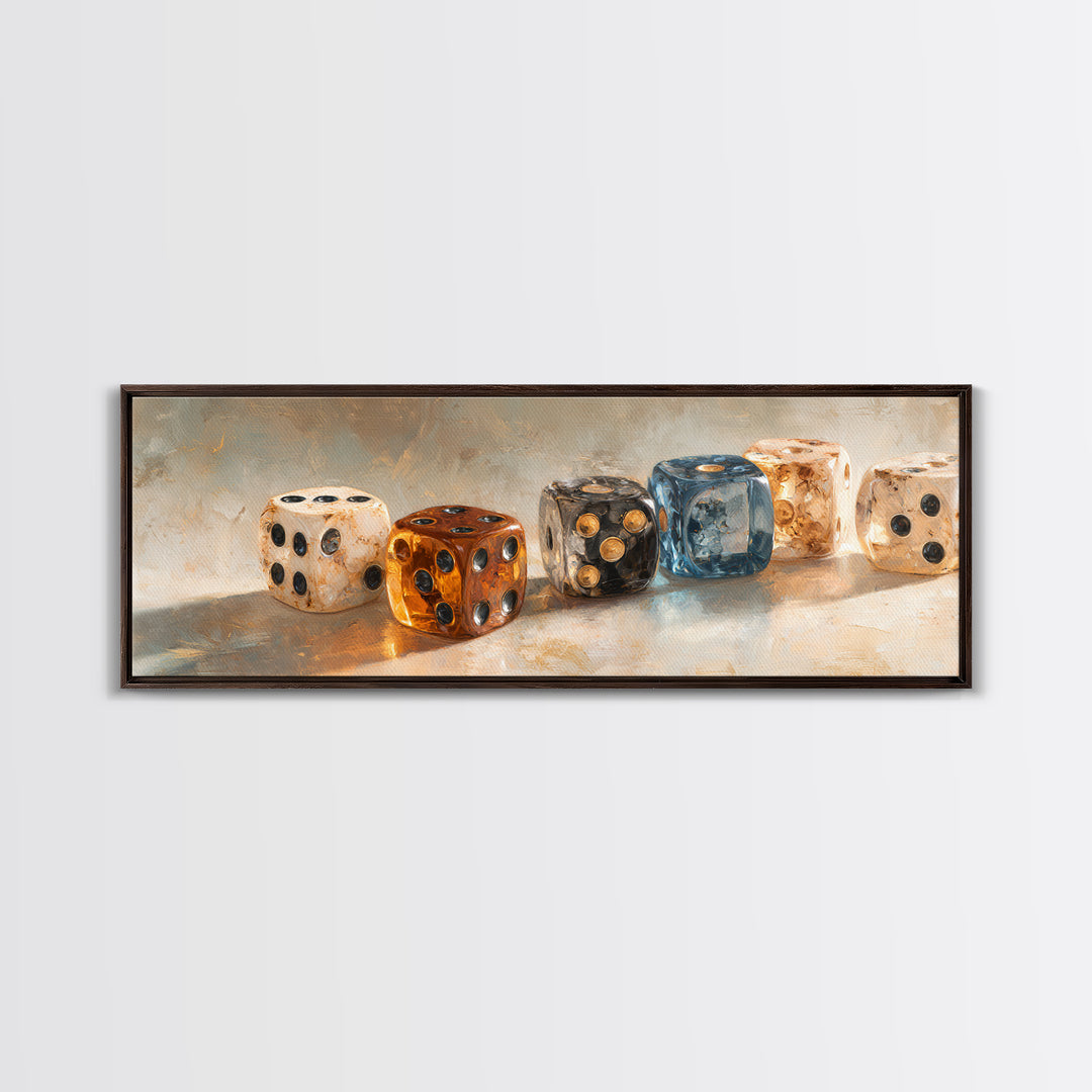 Tabletop Dice Rolling Through Dramatic Light Framed Canvas Print, Game Room Art, Pop Art, Game Room Decor, Fine Art, Play, GRA-3x1-81
