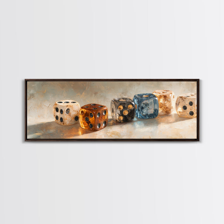 Tabletop Dice Rolling Through Dramatic Light Framed Canvas Print, Game Room Art, Pop Art, Game Room Decor, Fine Art, Play, GRA-3x1-81