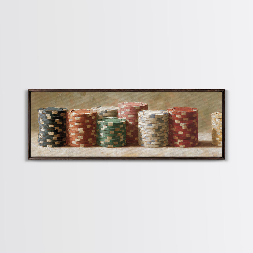 Poker Chips Stacked Like Casino Still Life Canvas Print, Game Room Art, Textured Painting, Game Room Decor, Oil Painting, Play, GRA-3x1-95