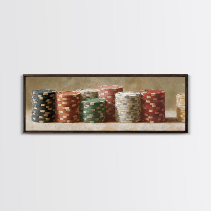 Poker Chips Stacked Like Casino Still Life Canvas Print, Game Room Art, Textured Painting, Game Room Decor, Oil Painting, Play, GRA-3x1-95