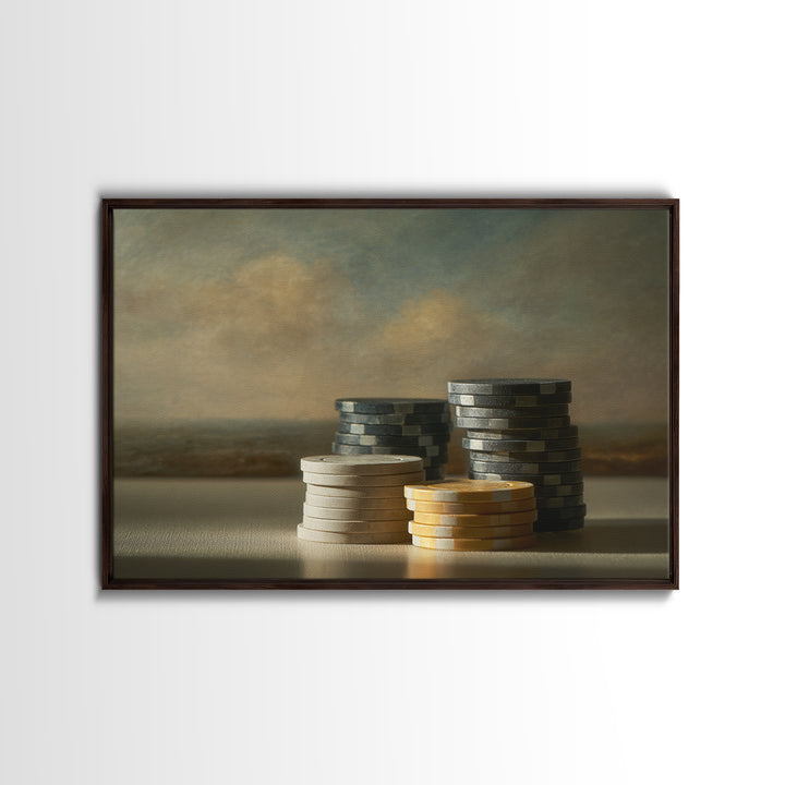 Poker Chips Stacked Like Casino Still Life Framed Canvas Print, Game Room Art, Original Artwork, Game Room Decor, Play, GRA-3x2-35